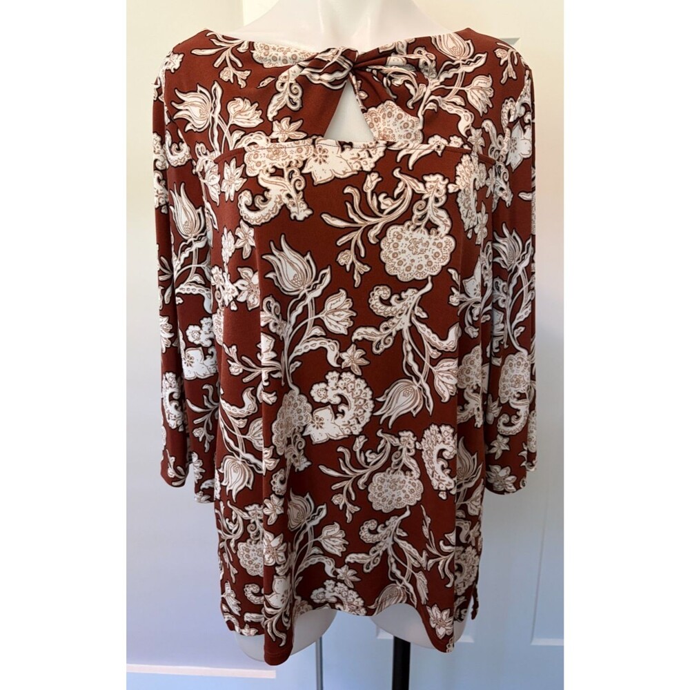 Chicos Womens  Knit TOP 3/4 Sleeve Brown White Floral w/ Cut-Out Size 2 (L/12)